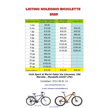 Listino Noleggio Bici 2025 Ciclo Sport